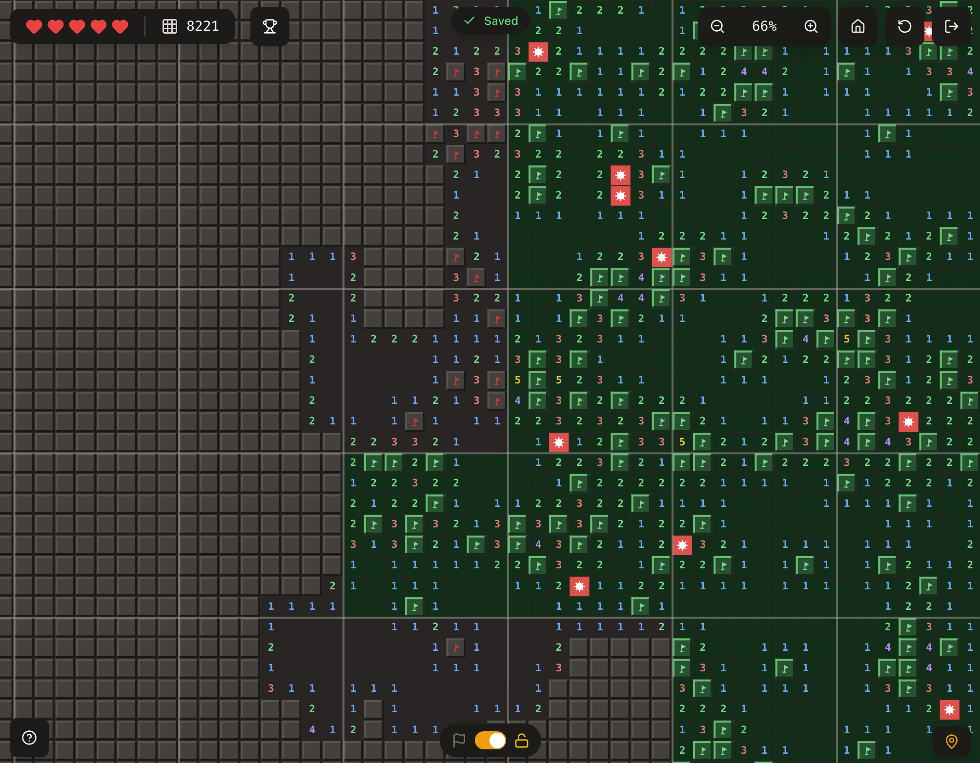 Infinite Minesweeper gameplay showing an expansive grid with completed sectors, flagged mines, and revealed numbers